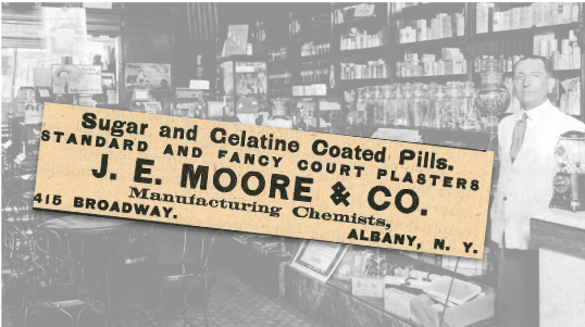J. E. Moore & Co. Sugar and Gelatine Coated Pills Vintage Ad