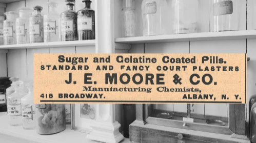 J. E. Moore & Co. Sugar and Gelatine Coated Pills Vintage Ad